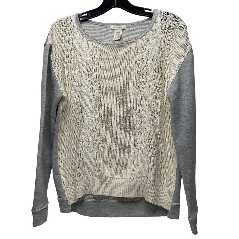 Sundance Sweater Womens Small Cable Knit Mix Media Cotton Pullover Gray Ivory